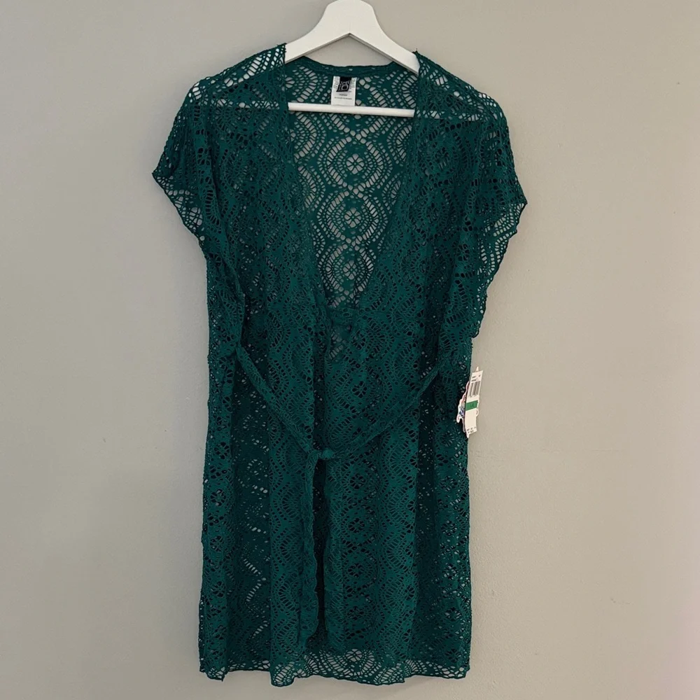 Becca Virtue Women L/XL‎ Lace Crochet Olive Green Open V-Front Cardigan Cover Up